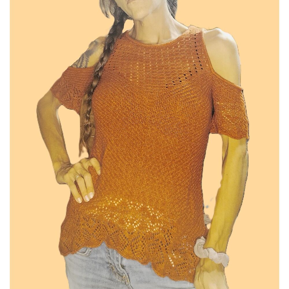 Lauren Conrad ~ Burnt Sienna Cold Shoulder Knit Top ~ XS Openwork Lace Hem